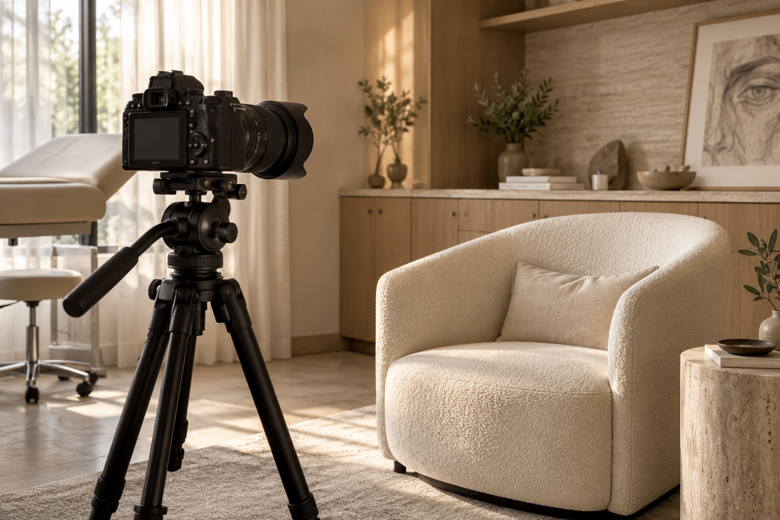 Editorial image of a camera ready for educational filming in a consultation space